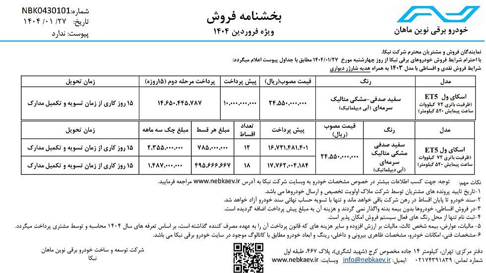 جدول فروش ET5
