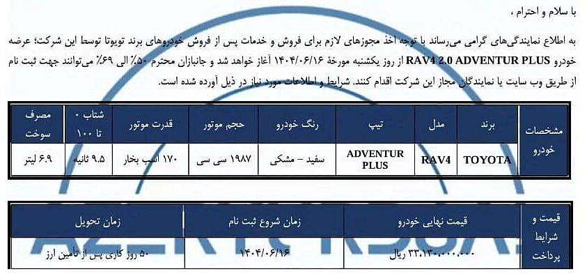 بخشنامه فروش تویوتا راو4 ویژه جانبازان + قیمت